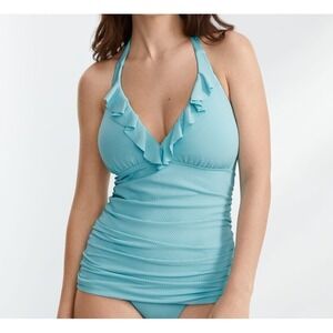 Birdsong Size 34D Artic Blue Ruffle Halter Underwire Tankini Swim Top Ruched